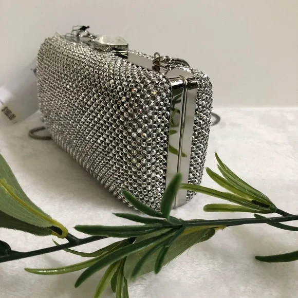 Sondra Roberts Box Silver Rhinestone/Satin Clutch, NWT